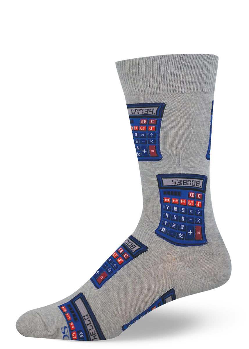 Gray men's crew sock with blue and red calculator design, the display  of which appears to say "BOOBIES."