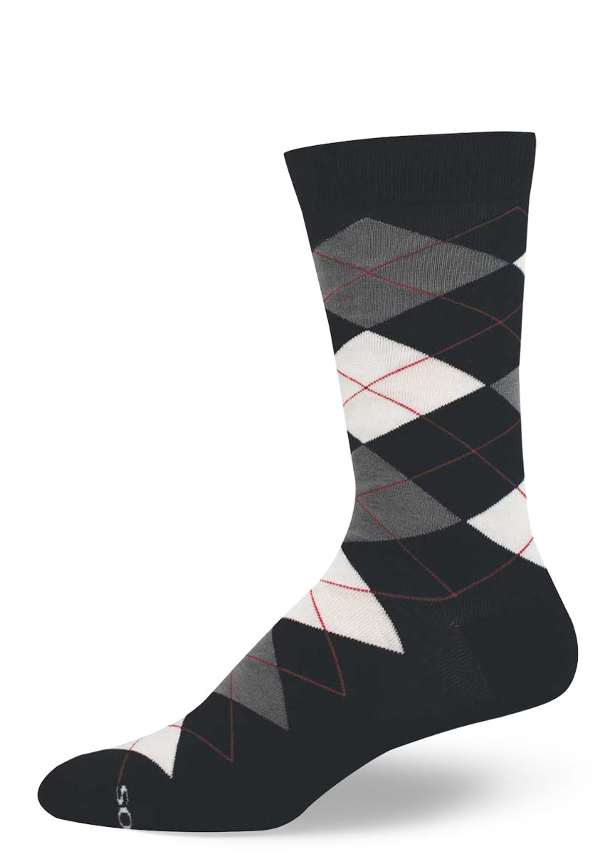 Black argyle-patterned men's crew sock on a white background.