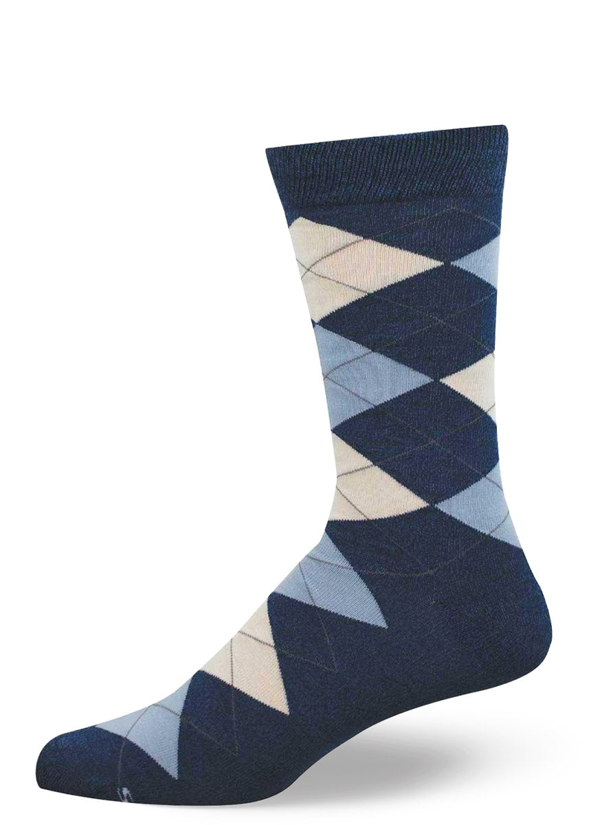 Blue argyle-patterned men's crew sock on a white background.
