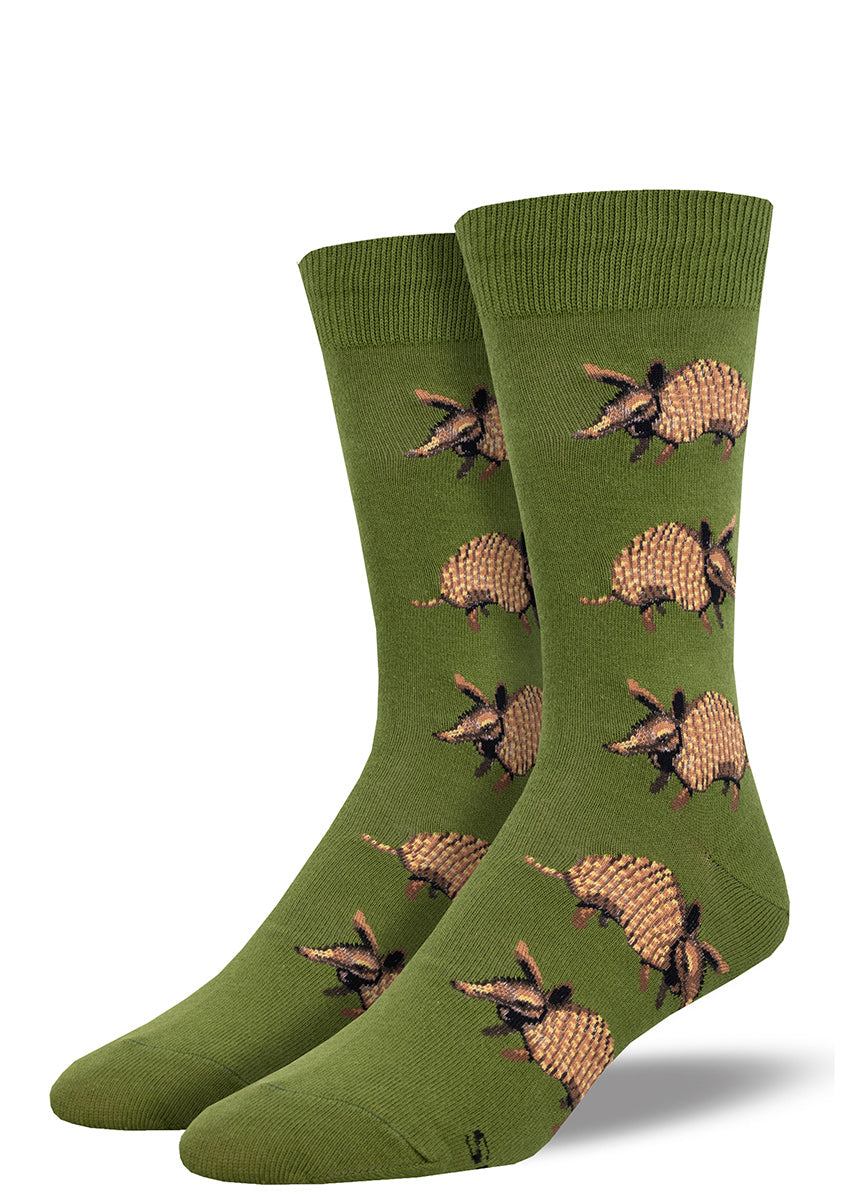 Green men's crew socks with an allover pattern of brown armadillos.