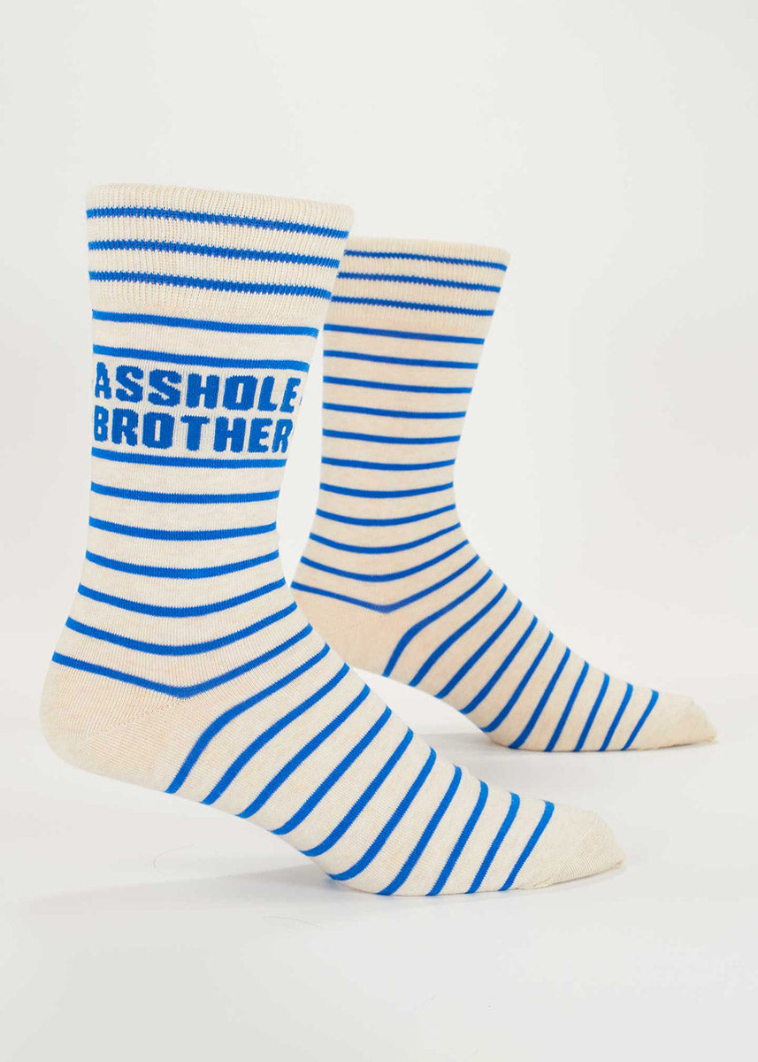 White and blue striped crew socks for men with the phrase "Asshole Brother" written in blue.