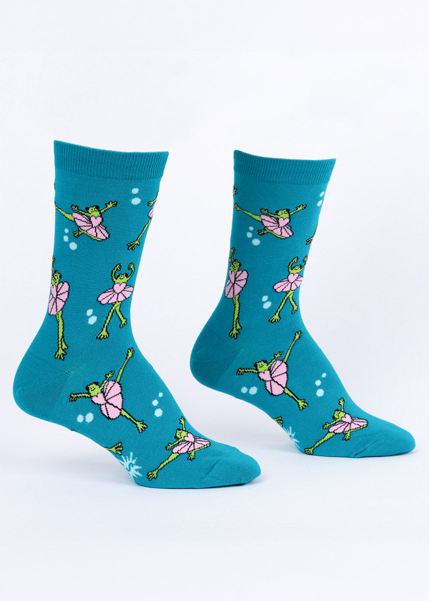 Teal crew socks with ballet frog design on a white background.