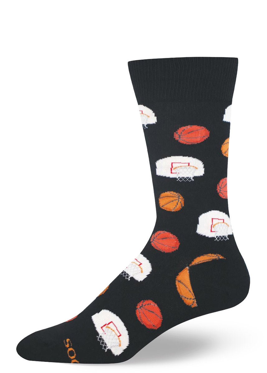 Black men's crew sock with basketball-themed design on a white background.