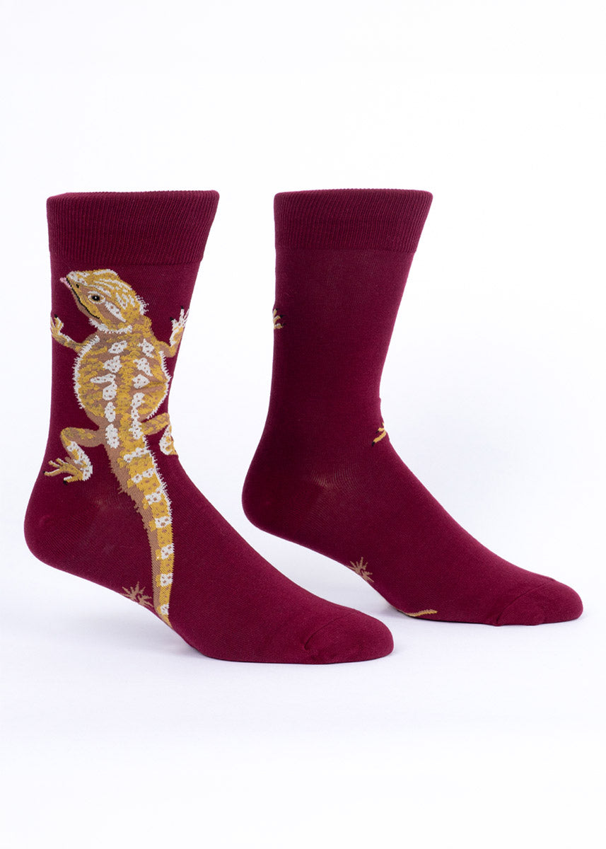 Maroon men's crew socks with a gold bearded dragon design on a white background.