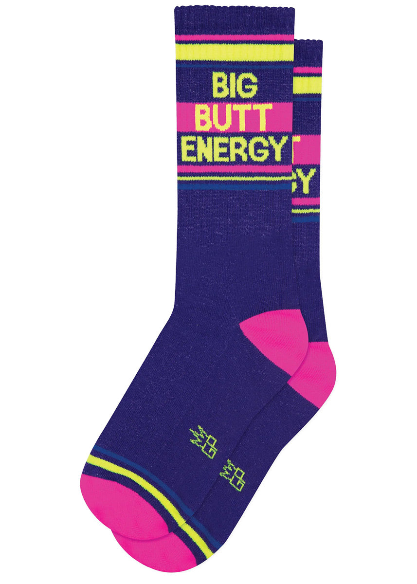 Purple retro gym socks with yellow, hot pink, and blue stripes and the phrase “BIG BUTT ENERGY."
