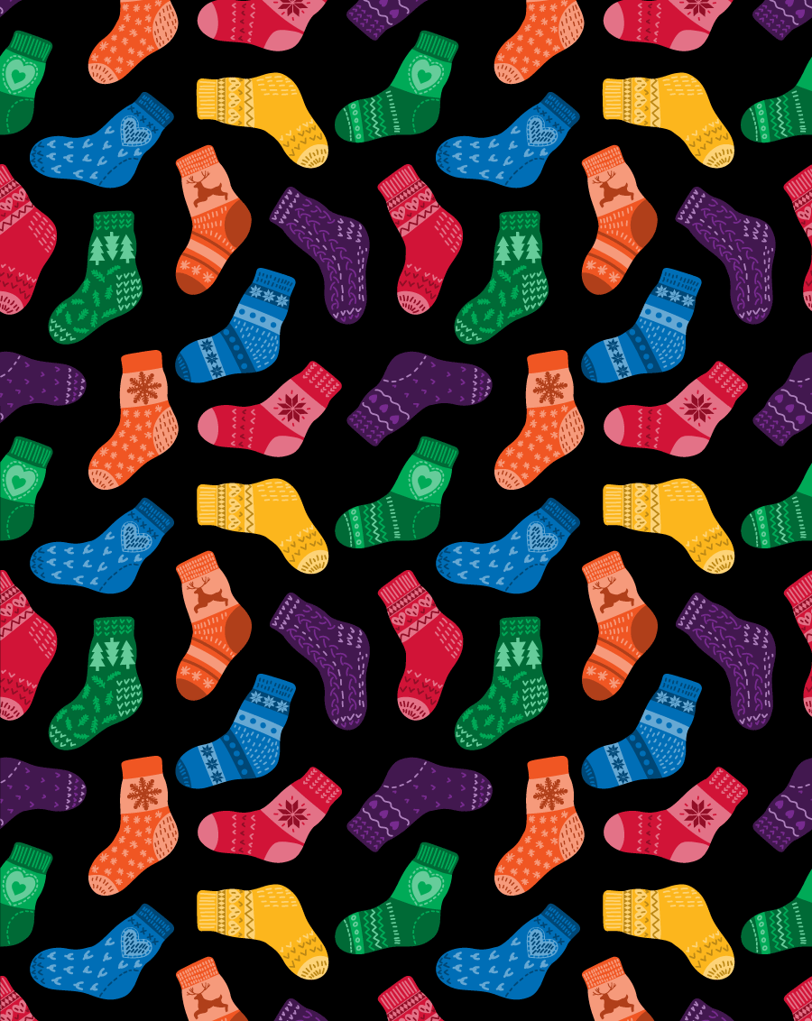 A repeating pattern illustration of fun socks in every color of the rainbow, including holiday and Christmas styles.