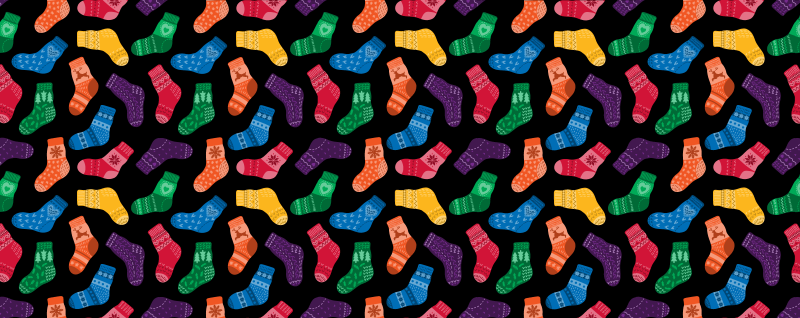 A repeating pattern illustration of fun socks in every color of the rainbow, including holiday and Christmas styles.