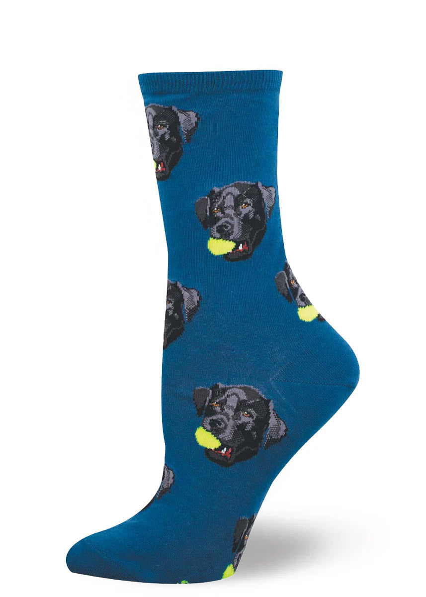Teal blue women's crew socks with a repeating pattern of black lab dogs with tennis balls in their mouths.