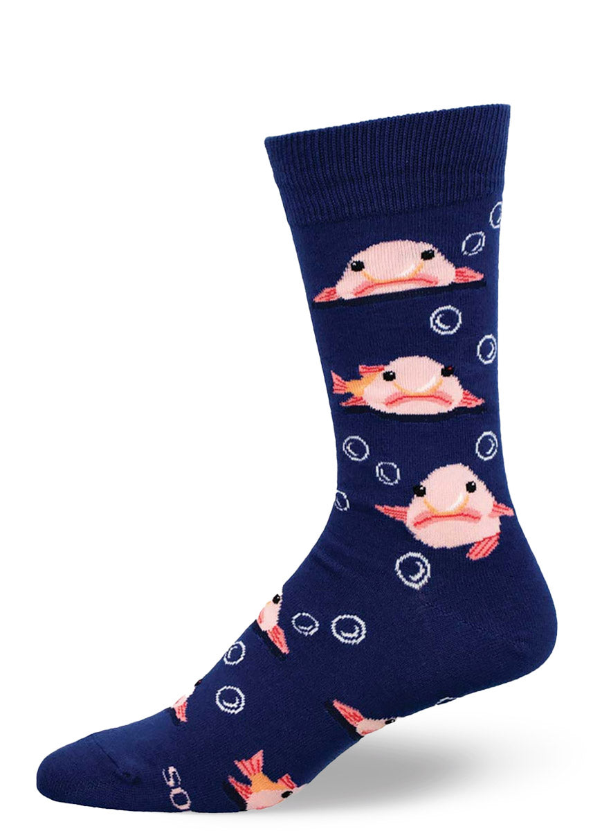 Navy blue crew socks for men with an allover pattern of pink blobfish and bubbles.
