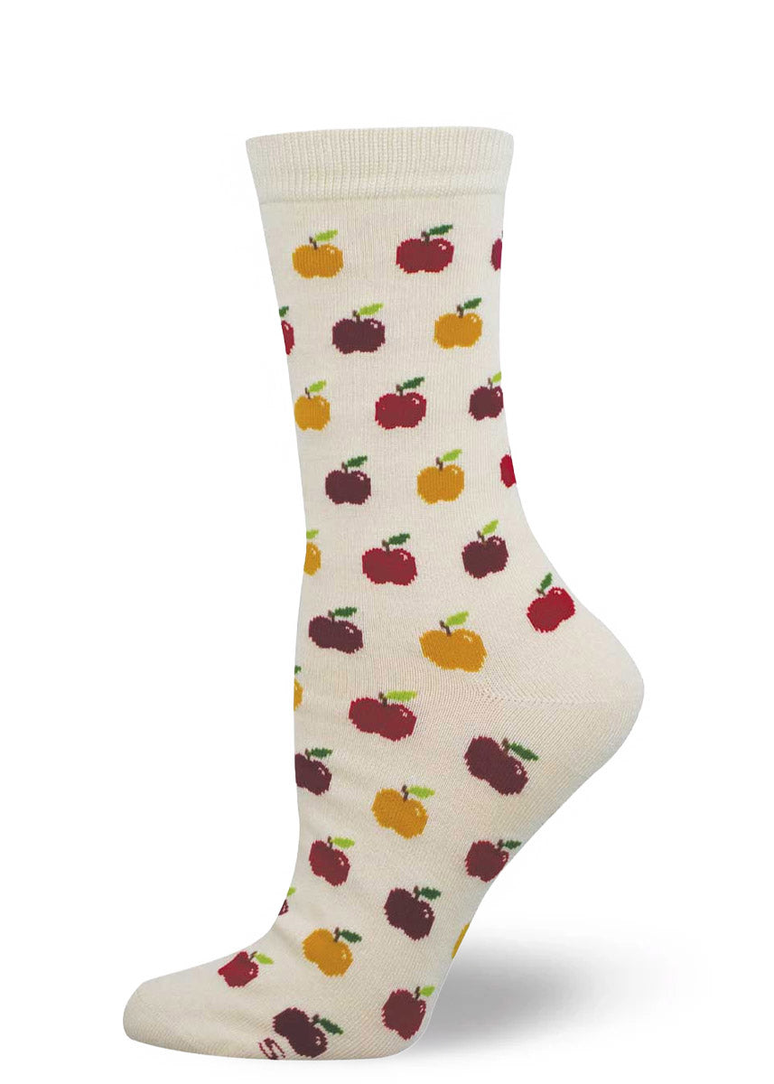 Ivory crew socks with a red and yellow apple pattern on a white background.