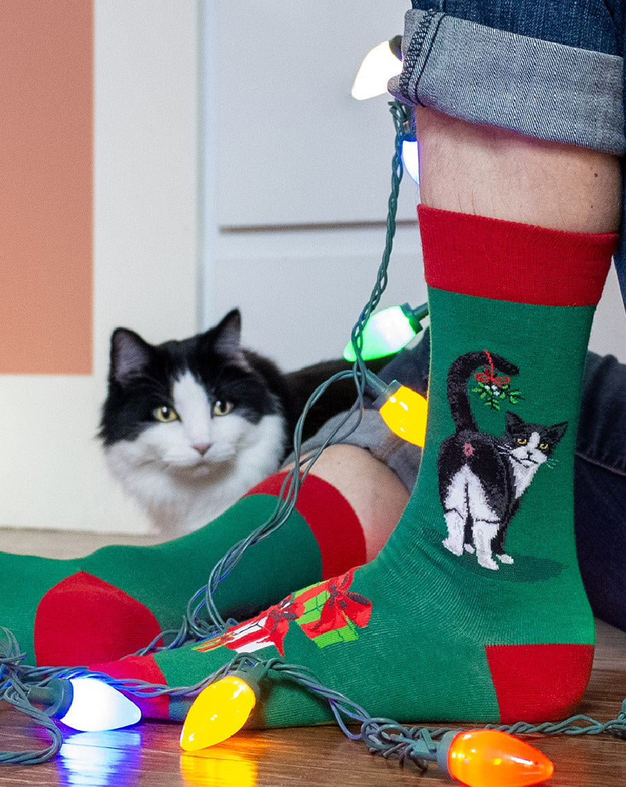 A man wears funny cat butt Christmas socks while detangling Christmas lights as his cute black-and-white cat looks on. 