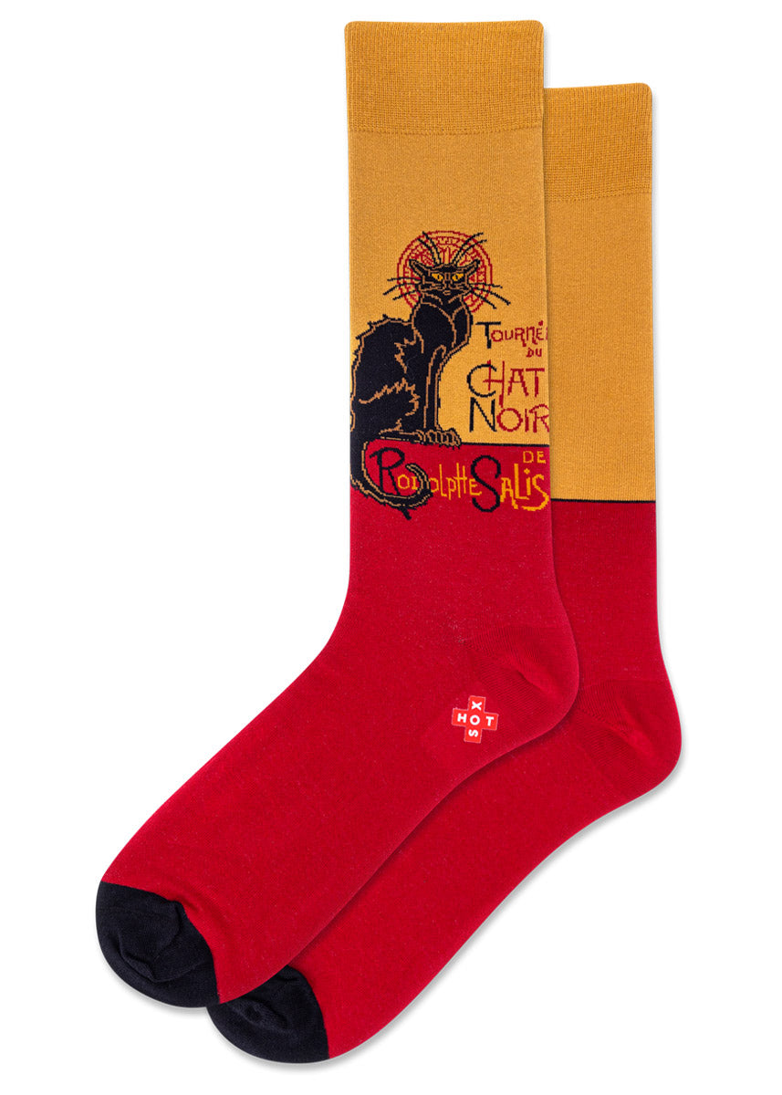 Red and gold men's crew socks with famous Chat Noir black cat art design.