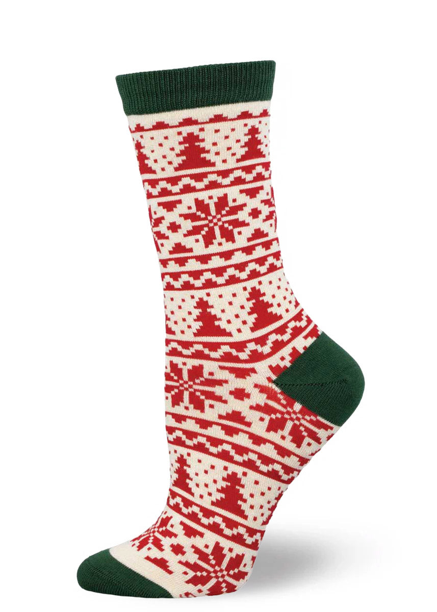 Red and white Christmas-patterned women's crew sock with green accents.