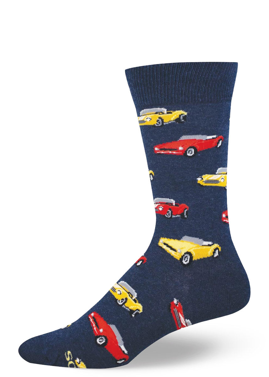Navy men's crew sock with vintage car pattern on a white background.