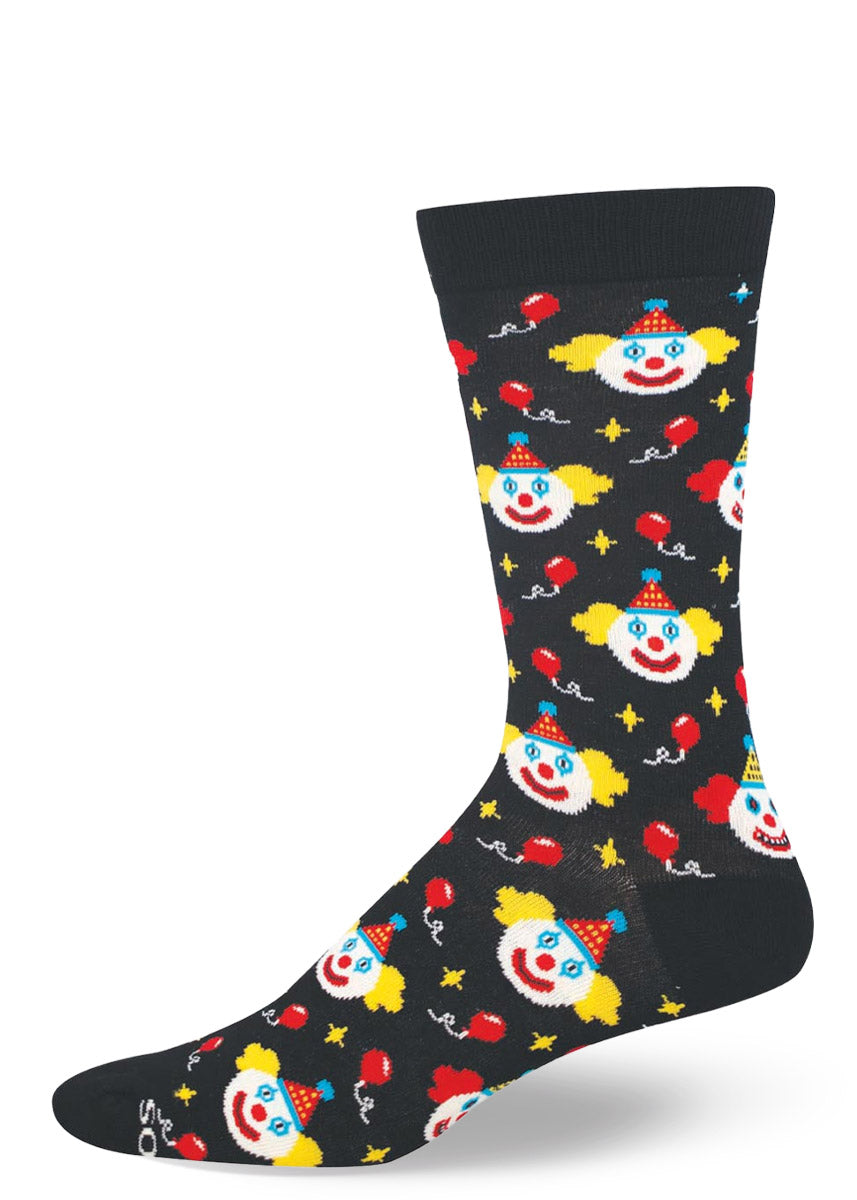 Black men's crew sock with colorful clown face pattern on a white background.