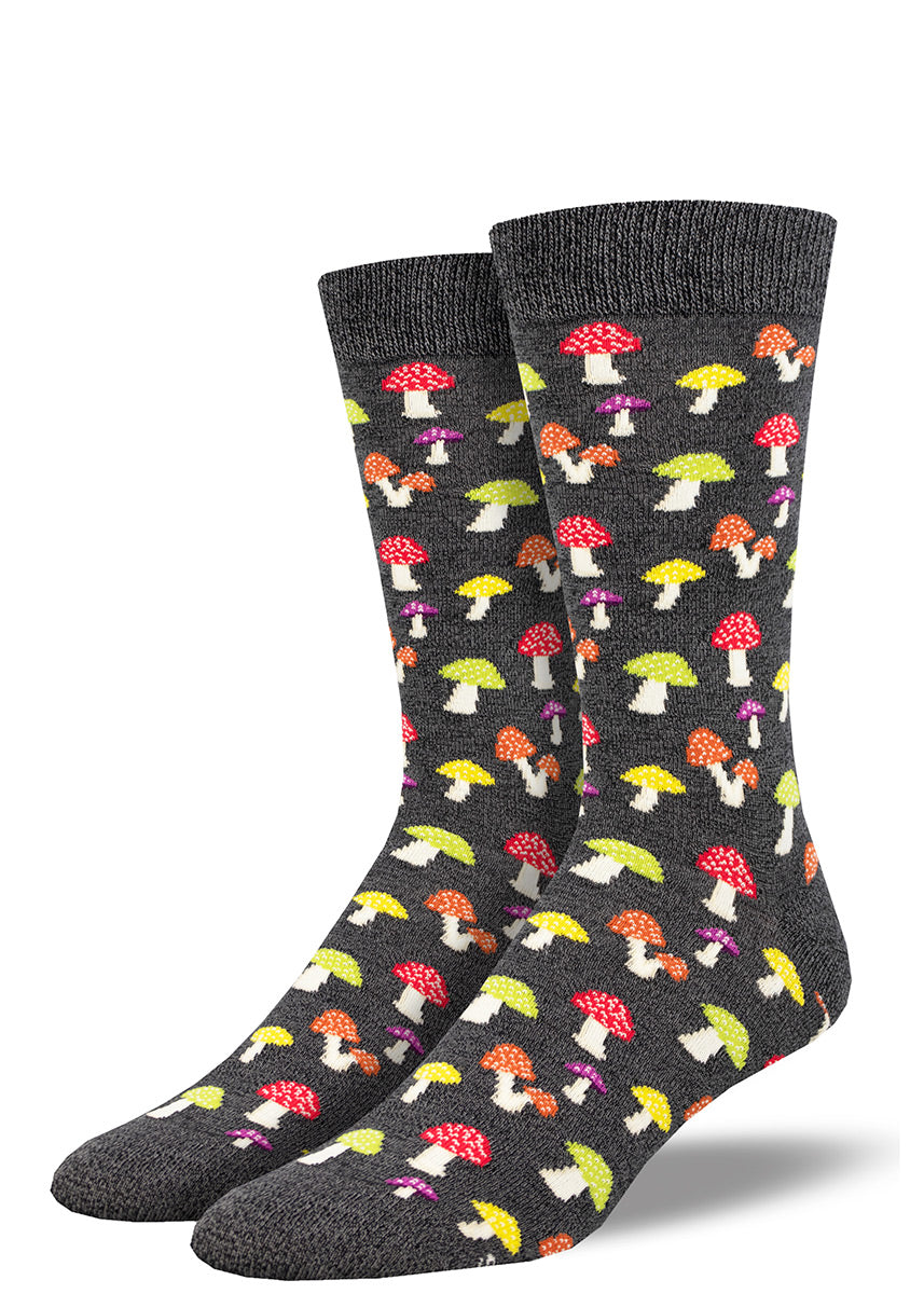 Charcoal heather crew socks for men with an allover pattern of spotted mushrooms in various colors.