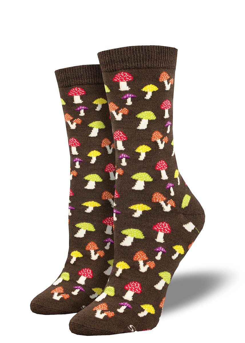 Dark brown heather crew socks for women with an allover pattern of spotted mushrooms in various colors.