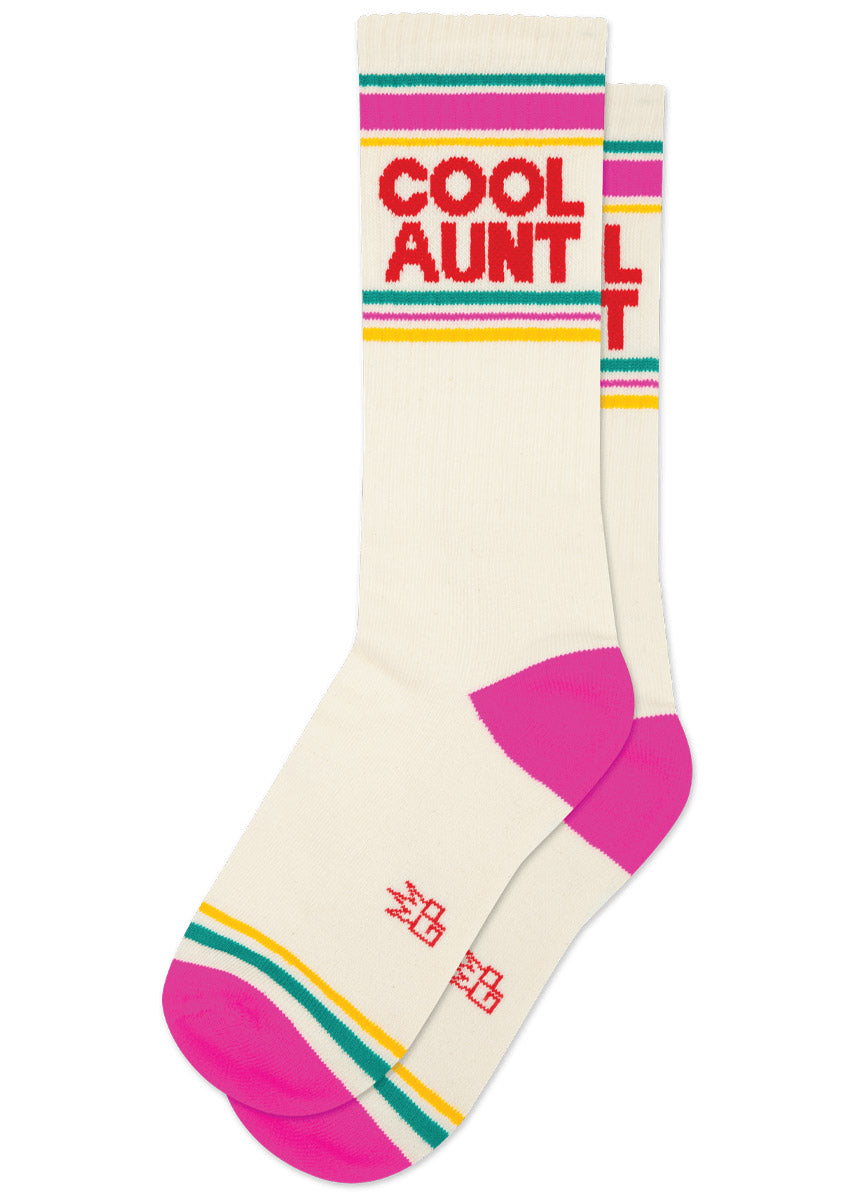 Cream-colored crew socks with colorful stripes and 'COOL AUNT' text on a white background.