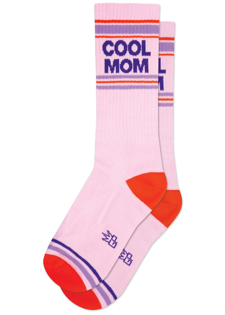 Pink retro striped athletic crew socks with 'Cool Mom' at the ankle on a white background.