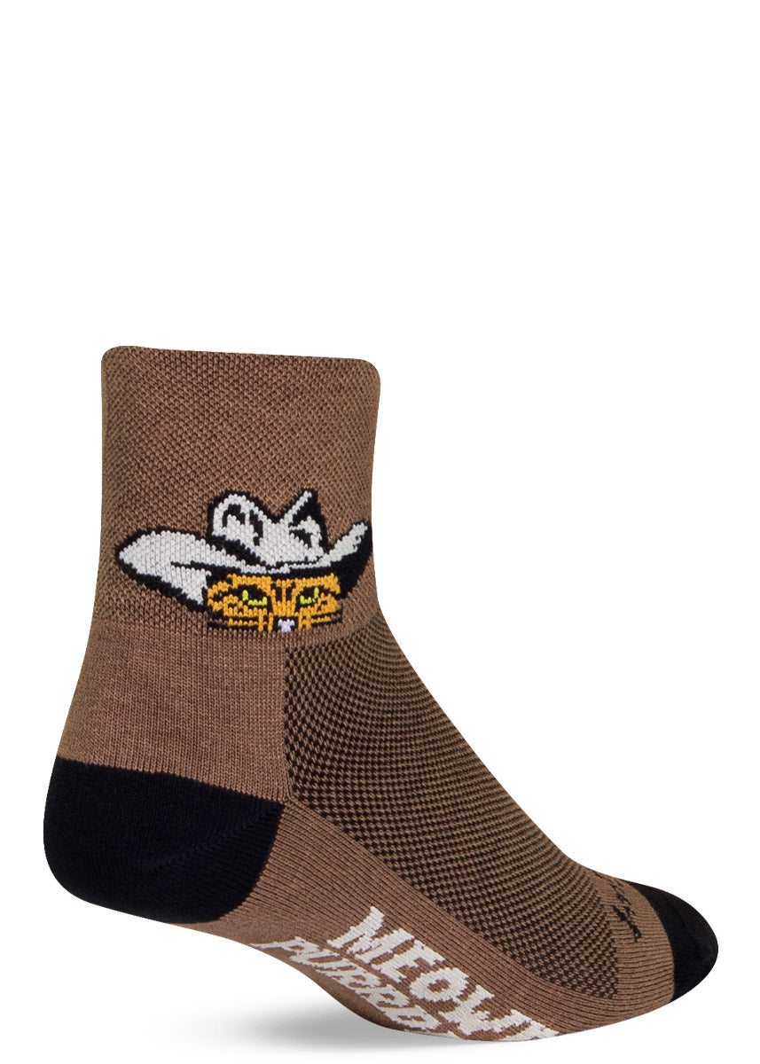 Brown athletic ankle socks with a cowboy cat face design at the cuff.