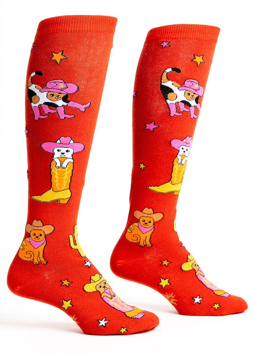 Orange knee socks for women with a pattern of colorful cats dressed as cowboys in shades of yellow, orange, pink, and white. 