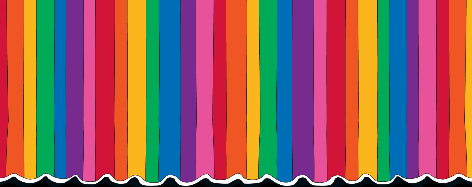 A lowered rainbow-striped theater curtain with red, orange, yellow, green, blue, purple and pink, with a wavy white bottom edge.