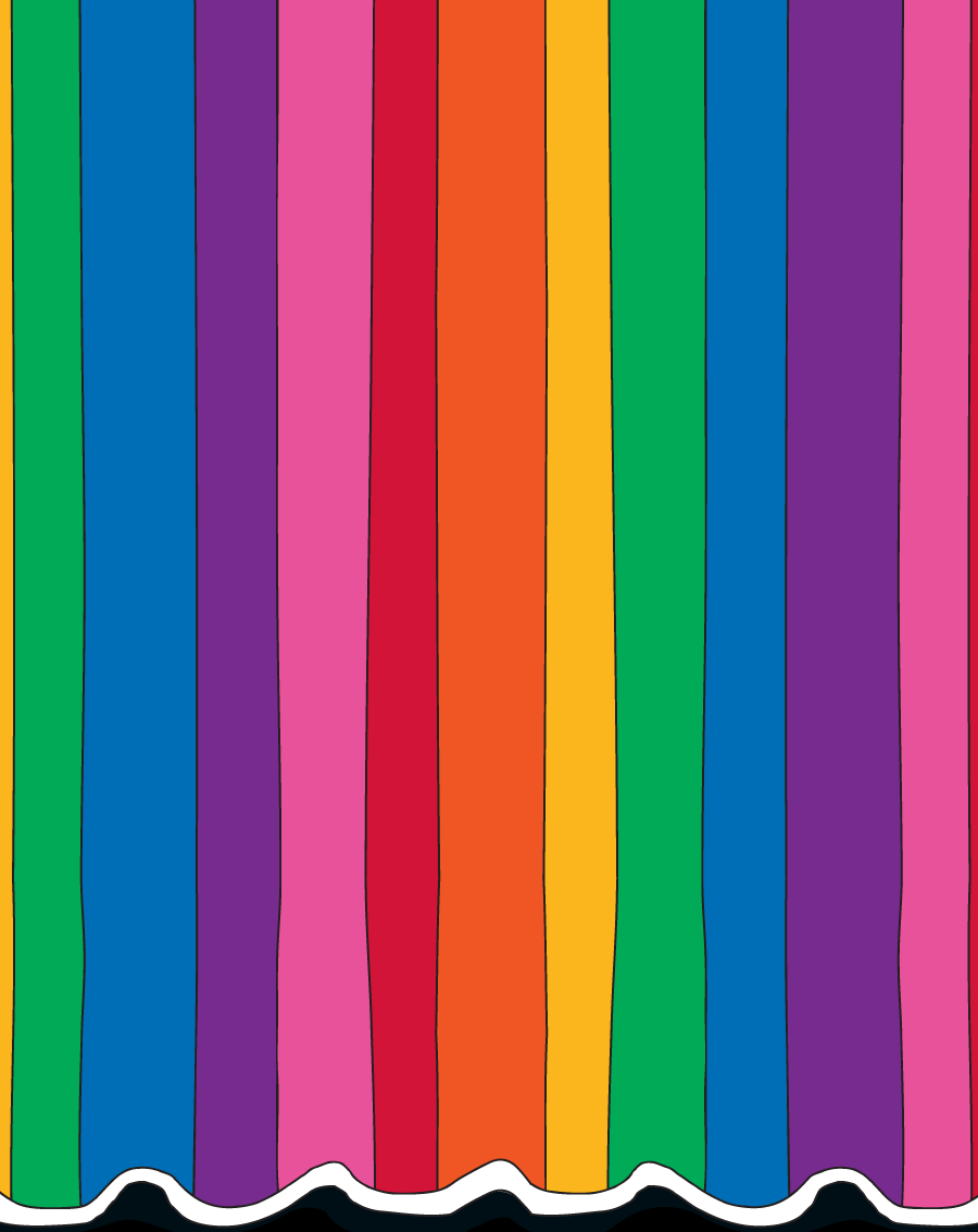 A lowered rainbow-striped theater curtain with red, orange, yellow, green, blue, purple and pink, with a wavy white bottom edge.