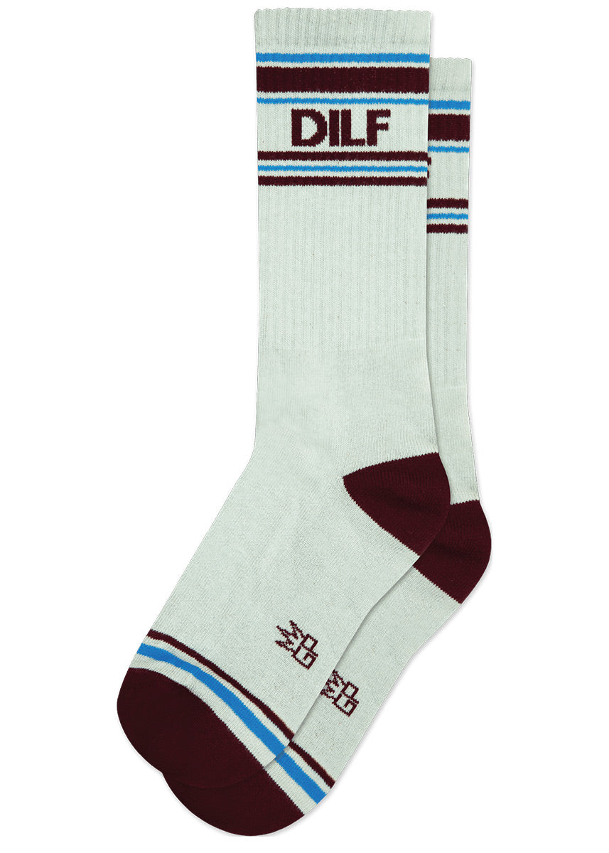 Light gray retro-style striped gym socks say “DILF&quot; accented with blue and maroon stripes at the heel and toe.