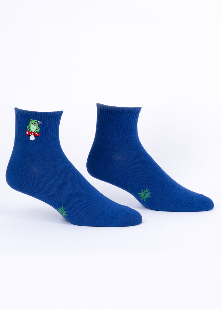 Pair of royal blue ribbed quarter socks with a frog and toadstool embroidered design on a white background.