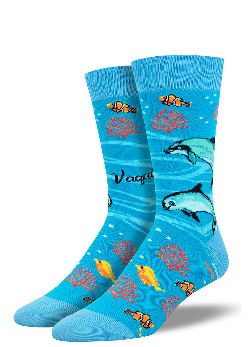 Men's crew socks featuring a design of dolphins, fish and coral on a bright blue background.