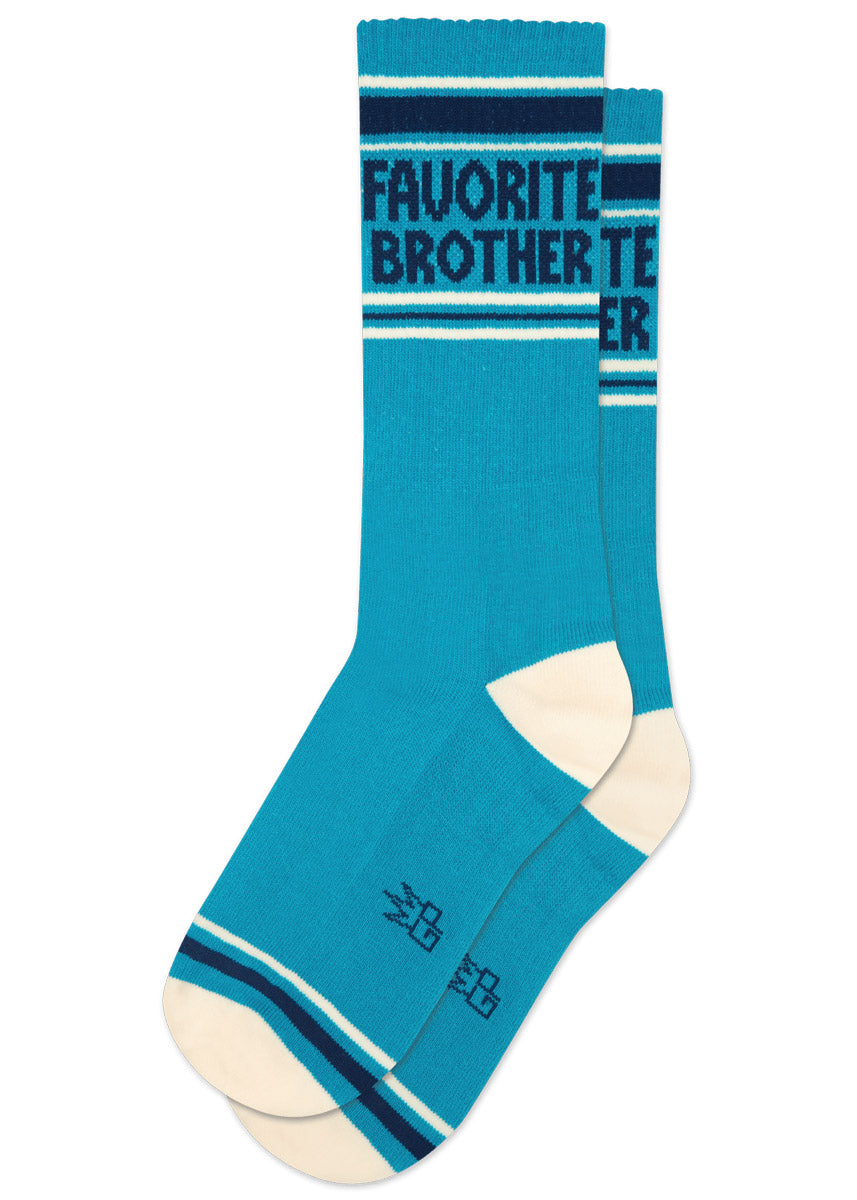 Blue retro athletic socks with 'Favorite Brother' text on a white background.