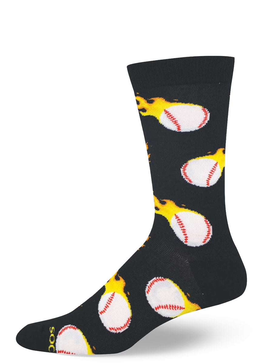 Black men's crew sock with flaming baseball pattern on a white background.
