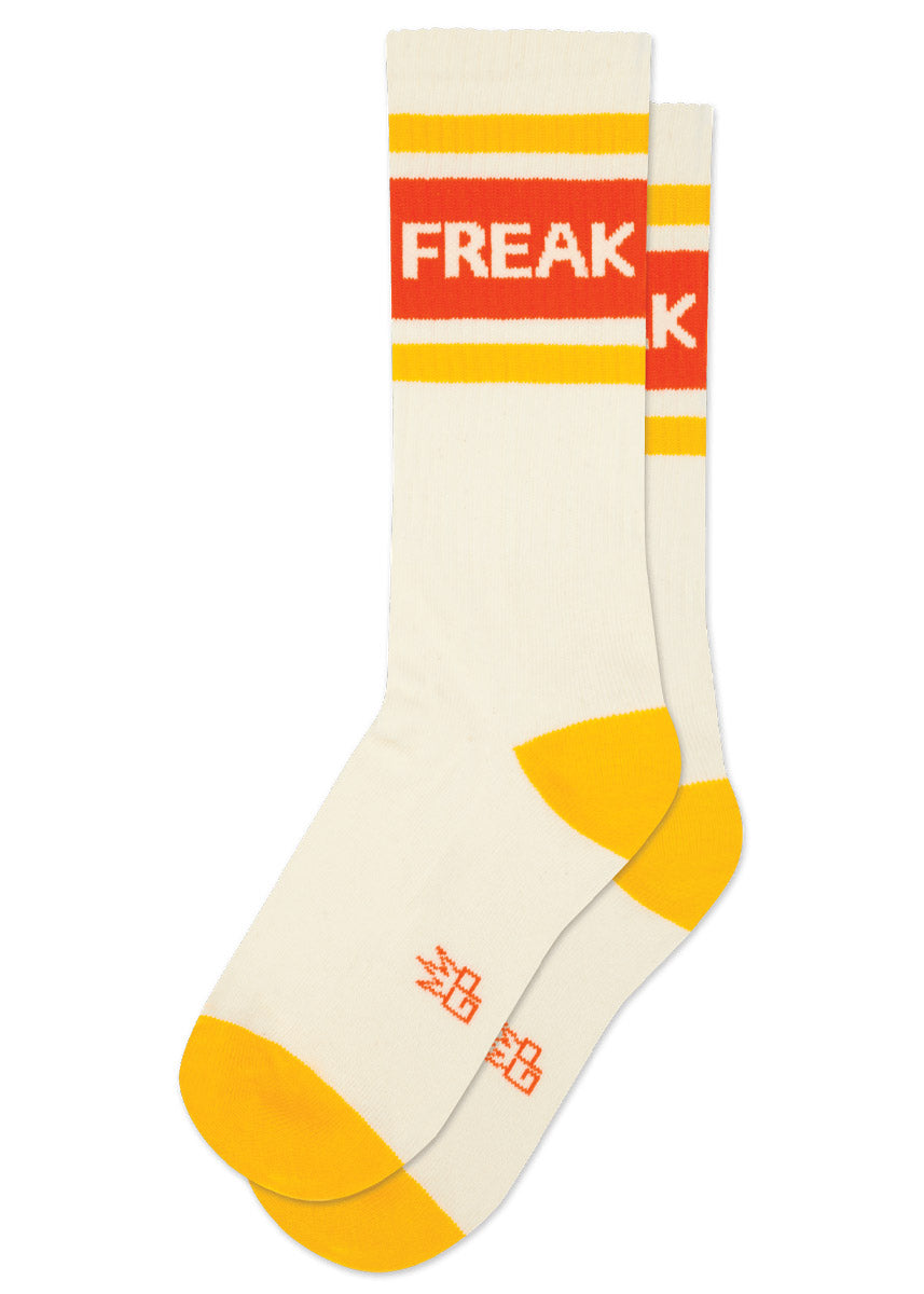 Cream-colored retro gym socks with orange and yellow accents and 'FREAK' text.