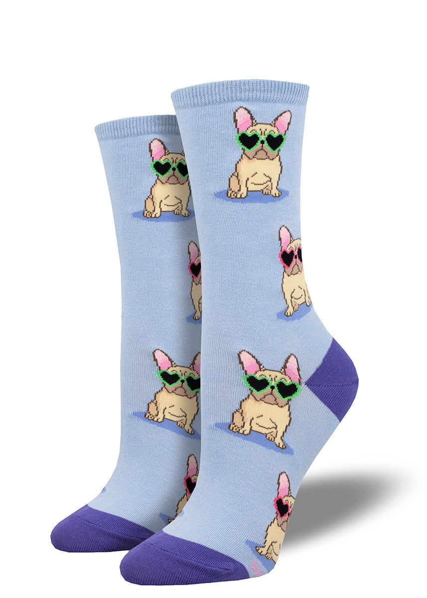 Periwinkle crew socks for women feature French bulldogs wearing heart-shaped sunglasses.