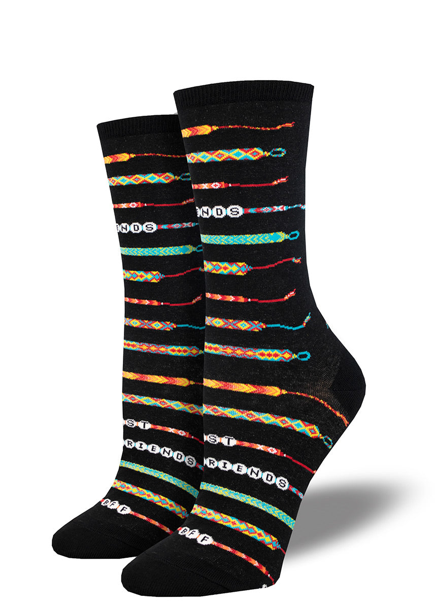 Black crew socks for women with a pattern of various colorful friendship bracelets.