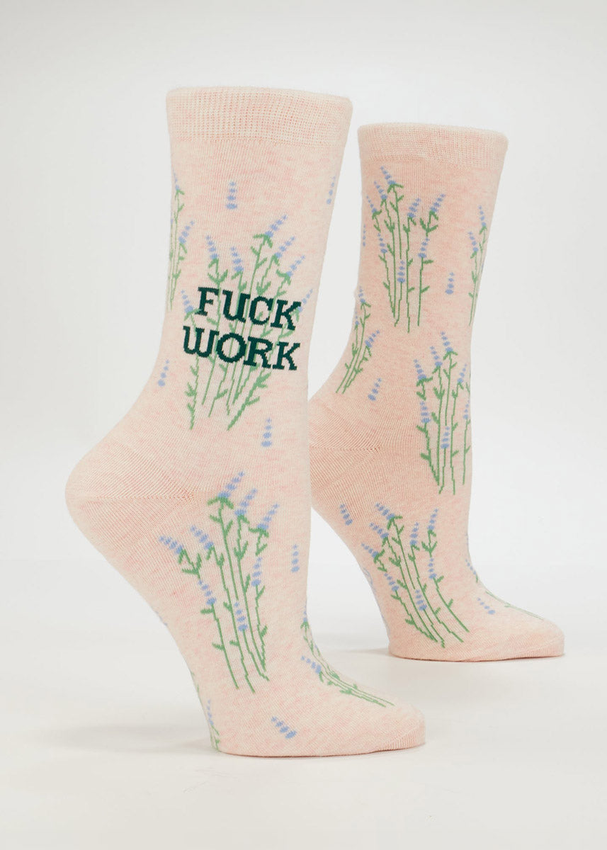Light pink women's crew socks with floral designs and 'Fuck Work' text on a white background.
