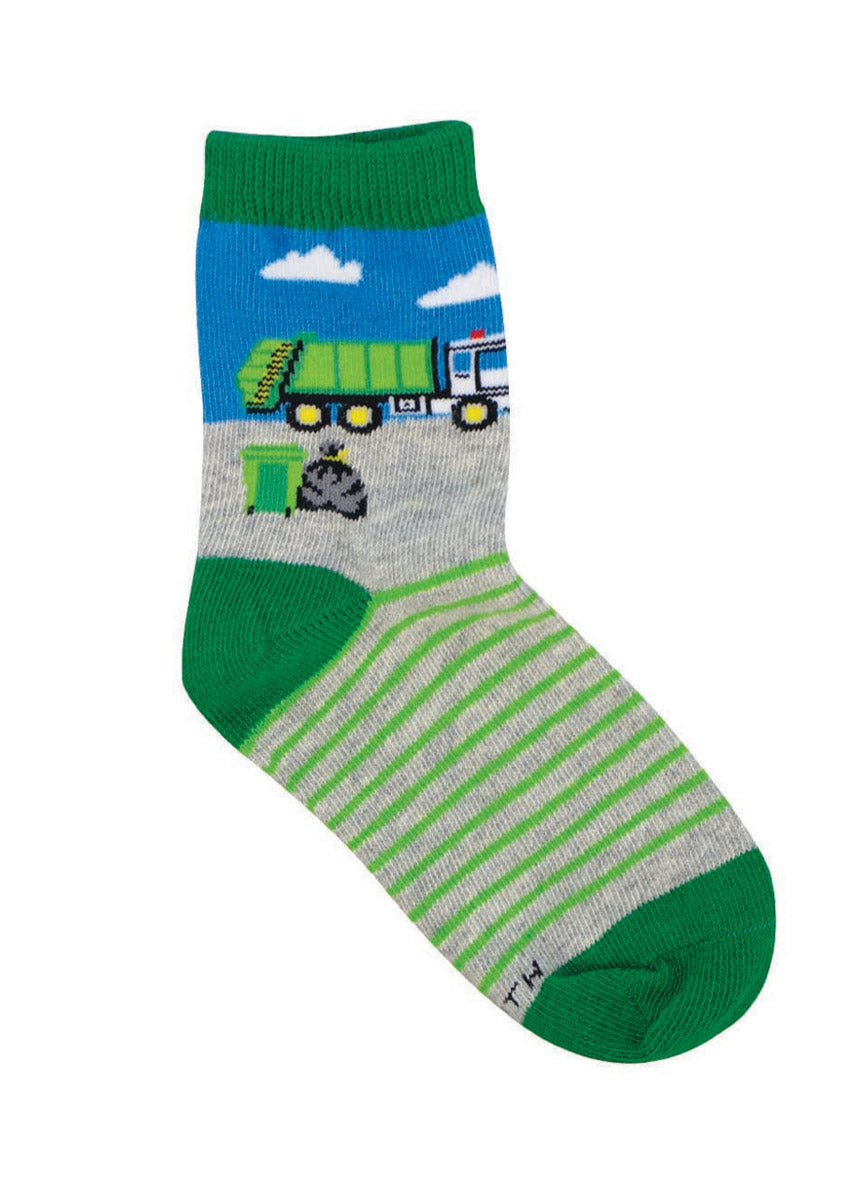 Gray and green striped crew socks for kids featuring a green garbage truck and trash.
