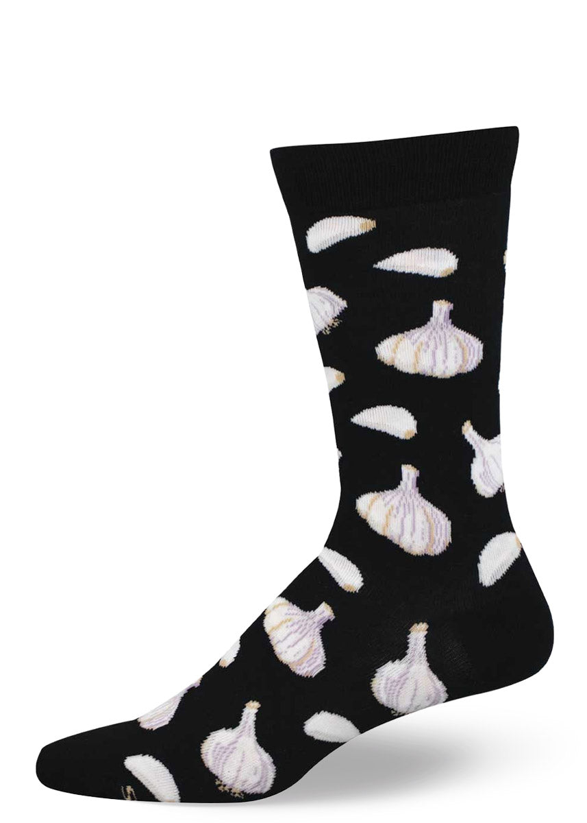 Black men's crew socks with white garlic bulb pattern on a white background.