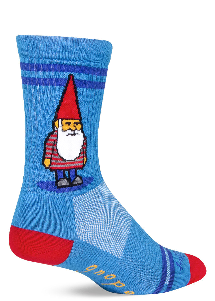 Blue athletic crew socks featuring a grumpy gnome in a red cap and the word "gnope" written on the bottom of the foot.