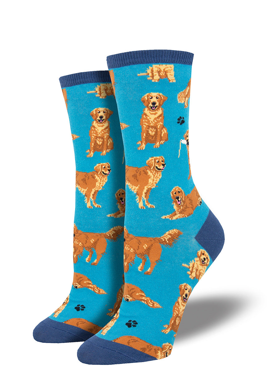 Golden retriever socks for women with cute dogs on a blue background.