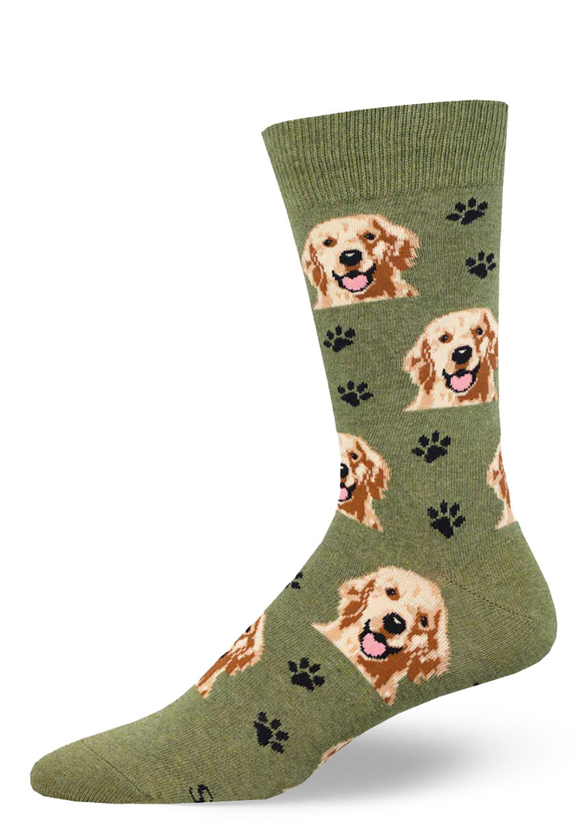 Dark red crew socks for men with an allover pattern of golden retriever faces and black paw prints.