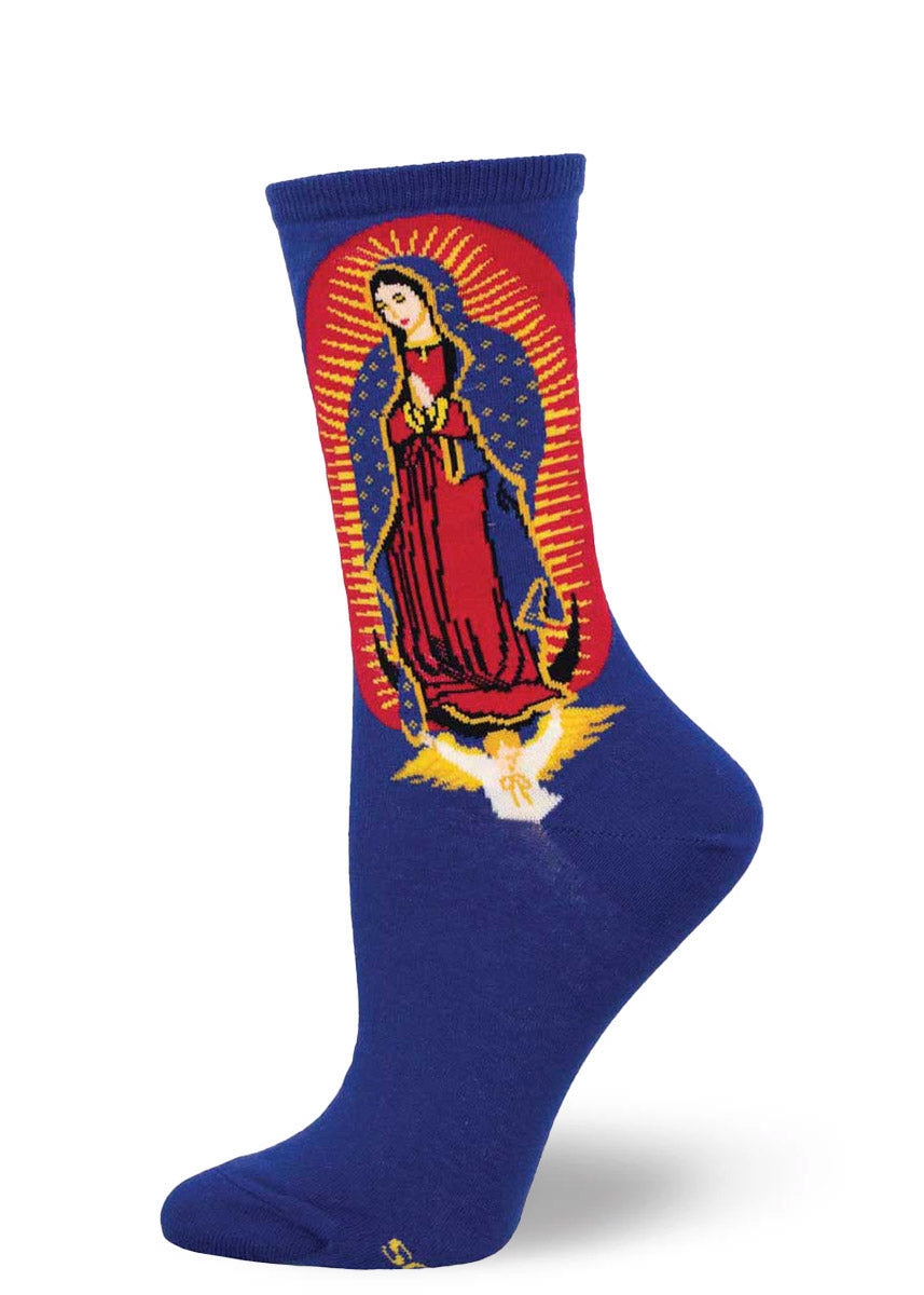 Dark blue socks for women feature a design of Our Lady of Guadalupe.