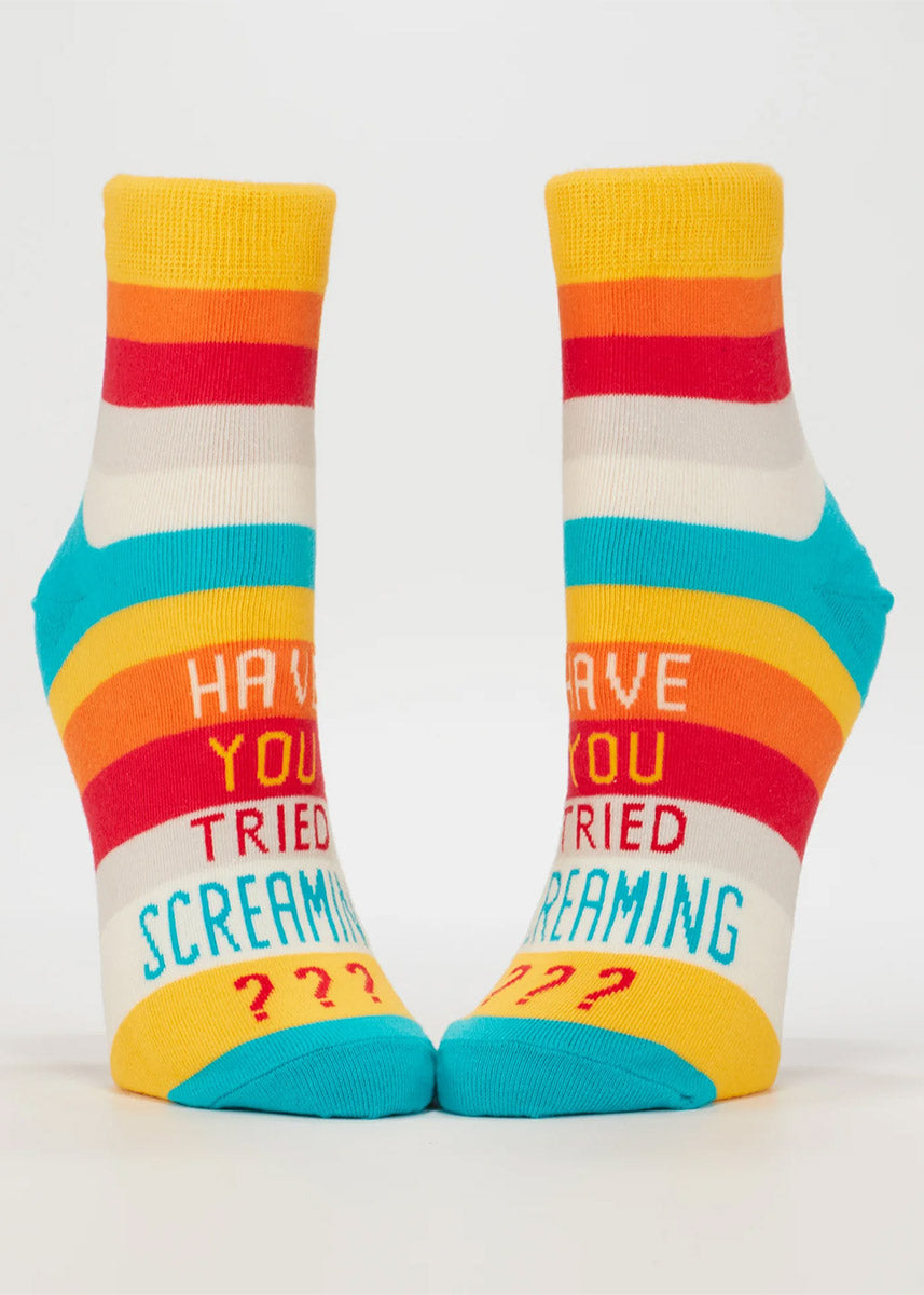 Colorful striped quarter socks with text that says "Have you tried screaming???".