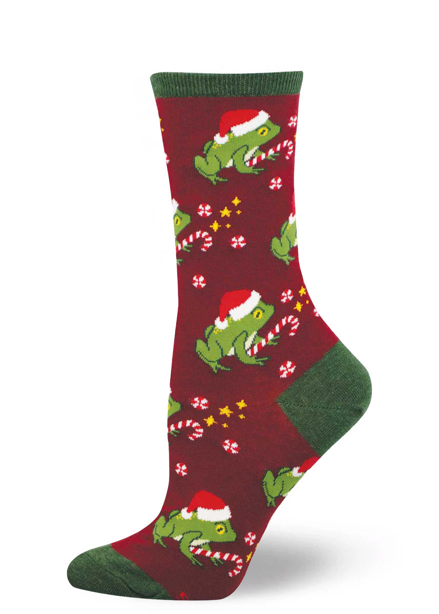 Burgundy Christmas-themed women's crew sock with frogs wearing Santa hats.