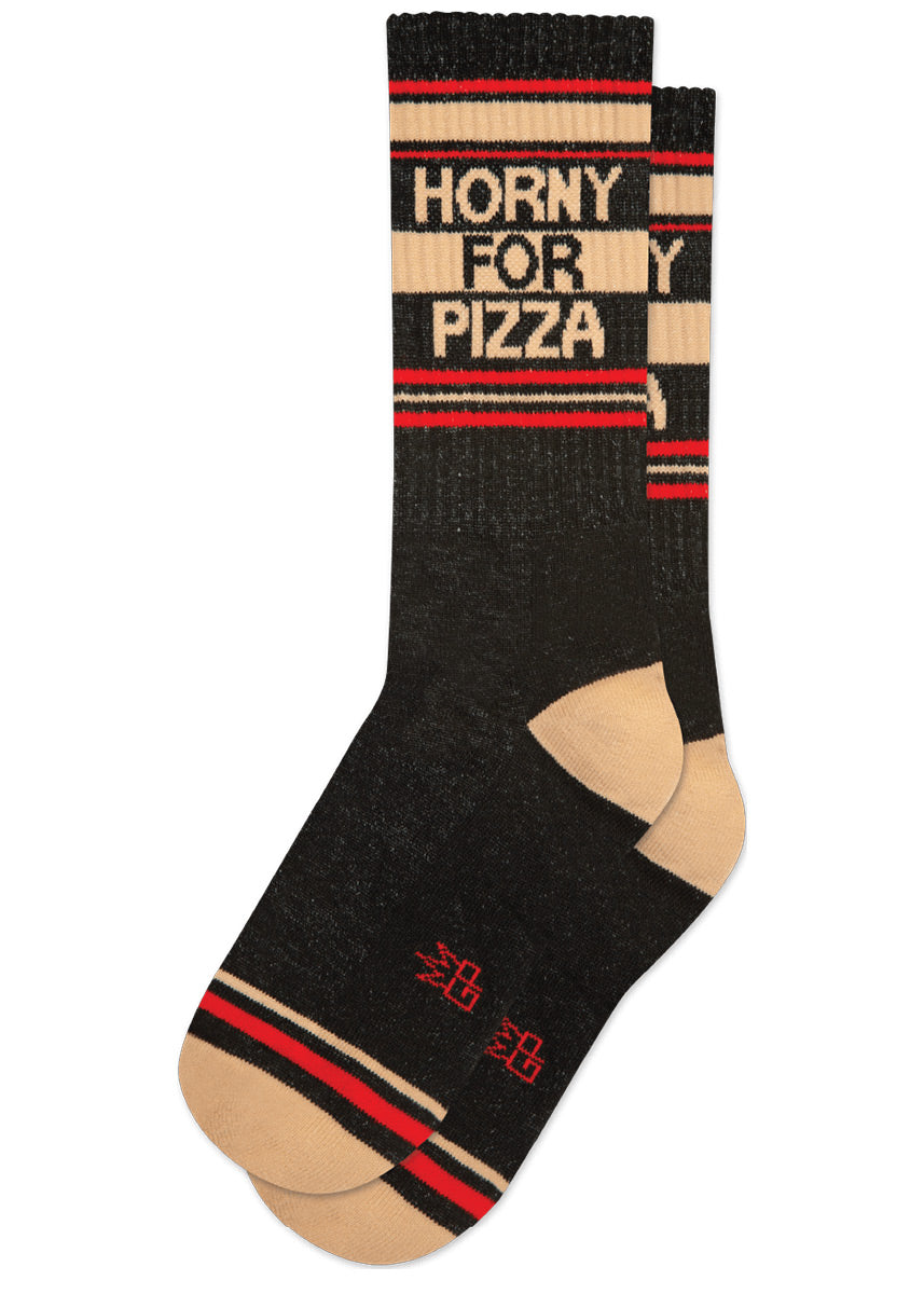 Retro-style unisex gym socks say &quot;HORNY FOR PIZZA&quot; on a black background with bright red and tan accents.
