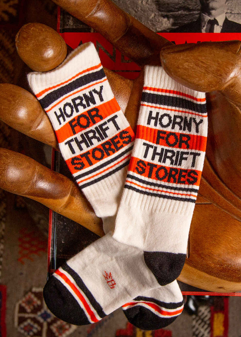 Horny For Thrift Stores Crew Socks Funny Retro Gym Socks Cute But
