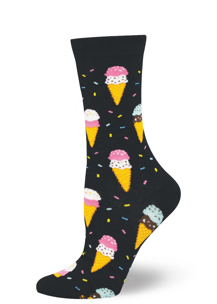 Black women's crew sock with colorful ice cream cone pattern accented with sprinkles.