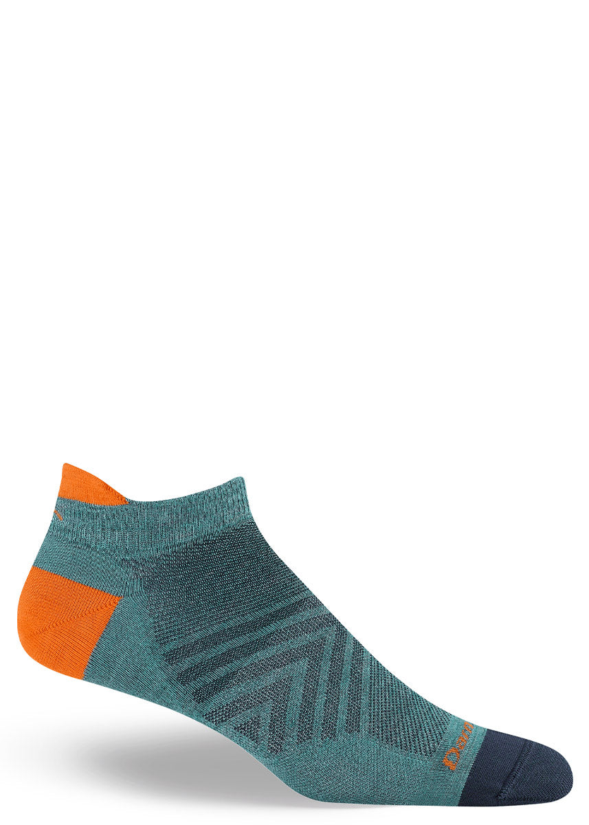 Teal and orange wool ankle sock on a white background.