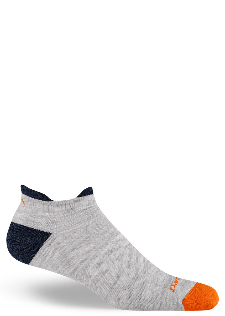 A heather gray wool ankle sock with orange and black accents at the heel and toe.