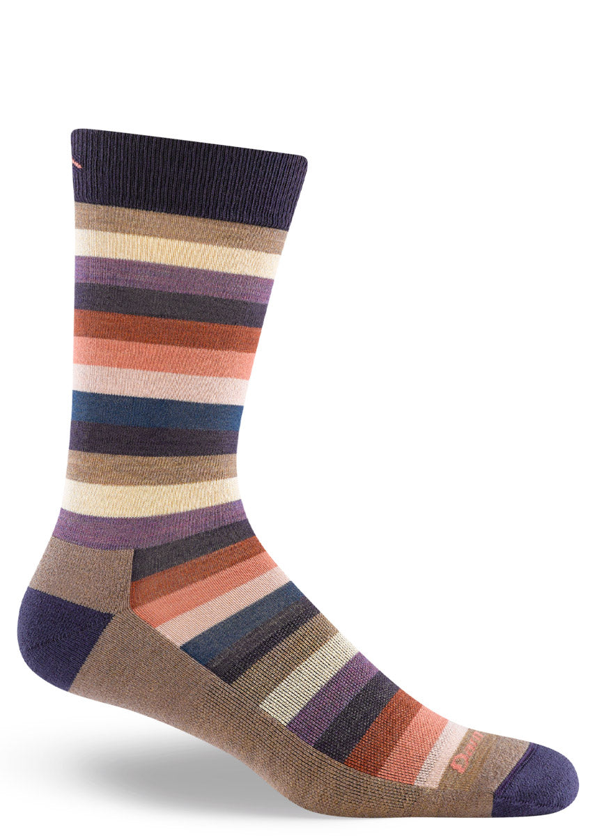 Striped wool socks for men with a mix of brown, rust, coral, navy, purple and cream.